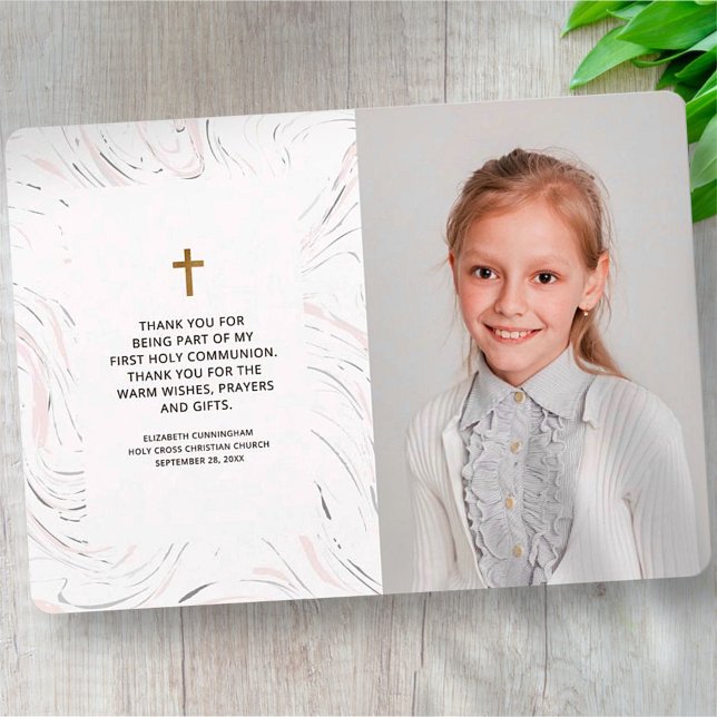 Modern Marble Gold Cross Photo Communion Thank You Card (Creator Uploaded)