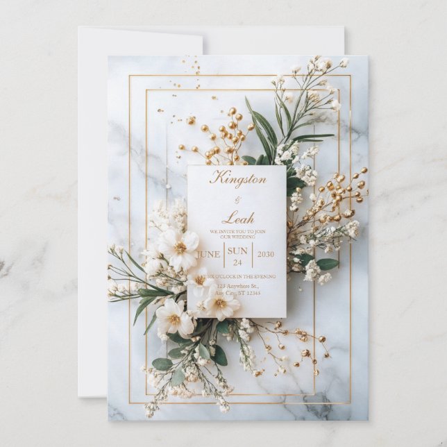 Modern Marble & Gold Floral Wedding Invitation (Front)
