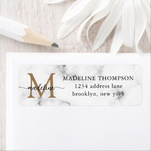 Modern Marble Gold Girly Script Monogram Address