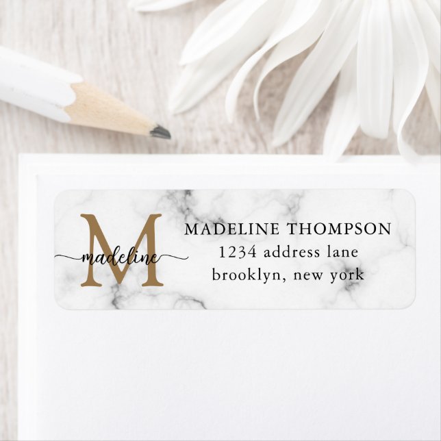 Modern Marble Gold Girly Script Monogram Address (Insitu)