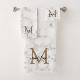 Modern Marble Gold Girly Script Monogram Bath Towel Set
