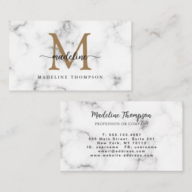 Modern Marble Gold Girly Script Monogram Business Card (Front/Back)