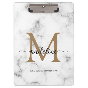 Modern Marble Gold Girly Script Monogram Clipboard