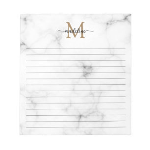 Modern Marble Gold Girly Script Monogram Lined Notepad