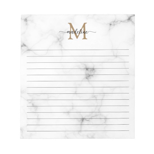 Modern Marble Gold Girly Script Monogram Lined Notepad (Front)