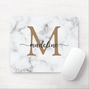 Modern Marble Gold Girly Script Monogram Mouse Mat