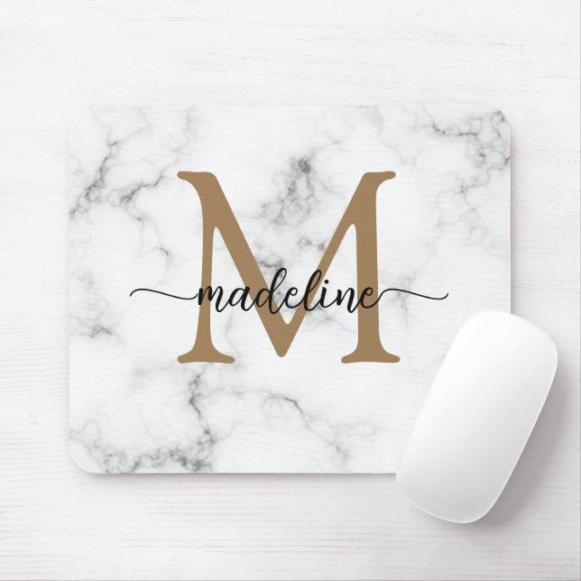 Modern Marble Gold Girly Script Monogram Mouse Mat (With Mouse)
