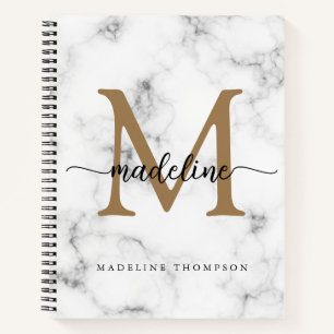 Modern Marble Gold Girly Script Monogram Notebook