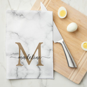 Modern Marble Gold Girly Script Monogram Tea Towel