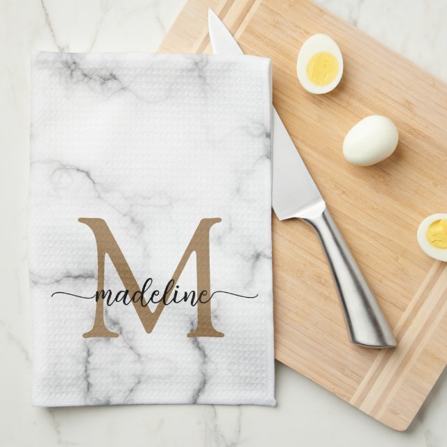 Modern Marble Gold Girly Script Monogram Tea Towel (Quarter Fold)