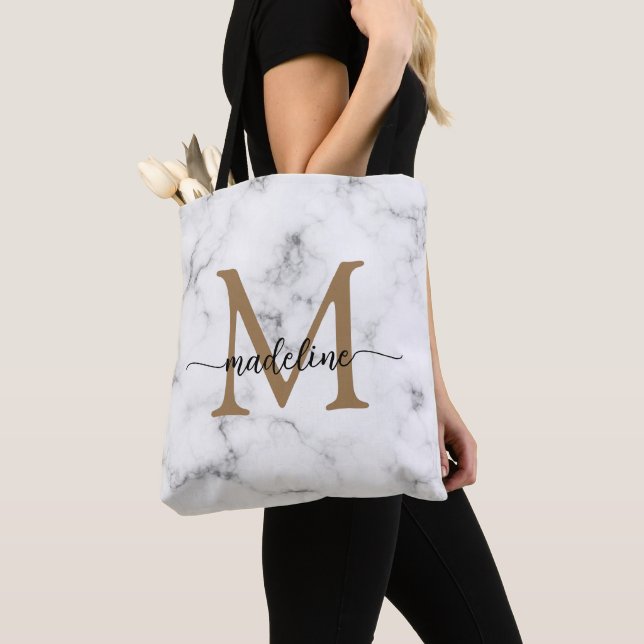 Modern Marble Gold Girly Script Monogram Tote Bag (Close Up)
