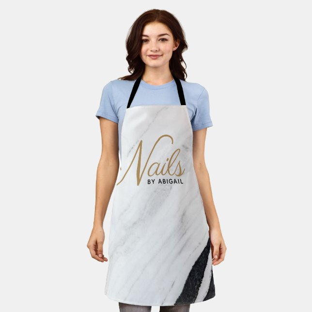 Modern Marble Gold Nail Stylist White Apron (Worn)