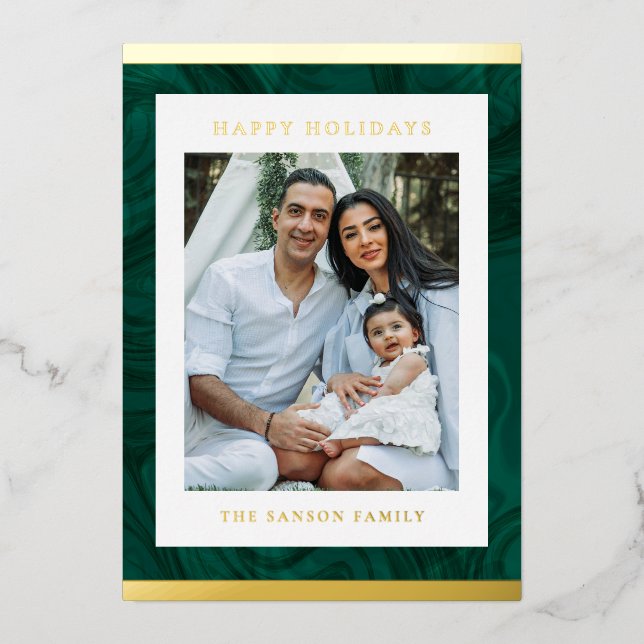 Modern Marble Green & Gold Holiday Photo Card (Front)