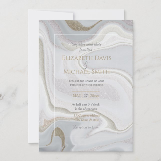 Modern Marble Grey Gold Glitter Background Invitation (Front)