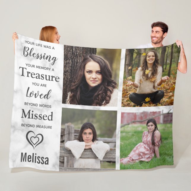 Modern Marble Keepsake Memorials Photo Collage Fleece Blanket (In Situ)