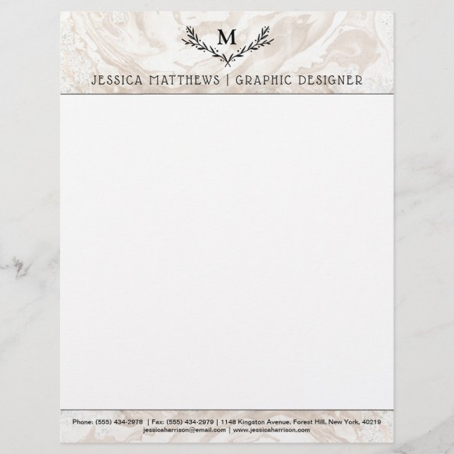 Modern Marble Monogram Wreath Custom Letterhead (Front)