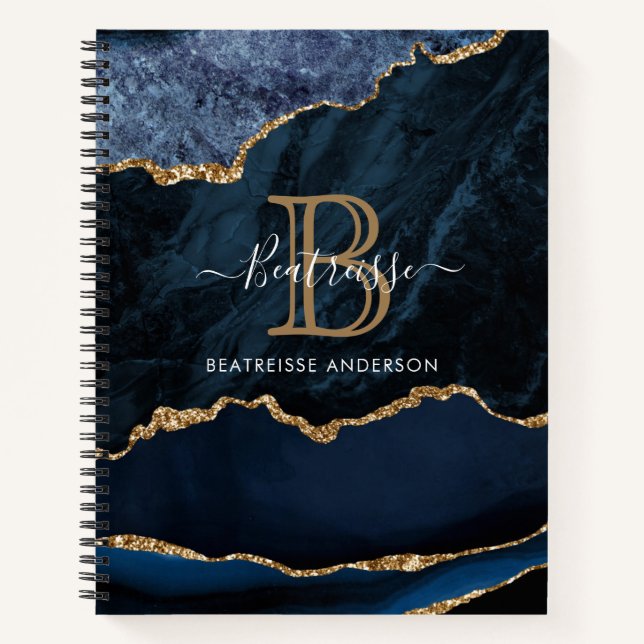 Modern Marble Navy Blue Gold Glitter Monogram Notebook (Front)