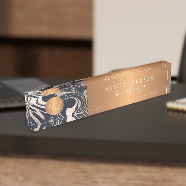 Modern marble pattern black gold monogrammed nameplate (Creator Uploaded)