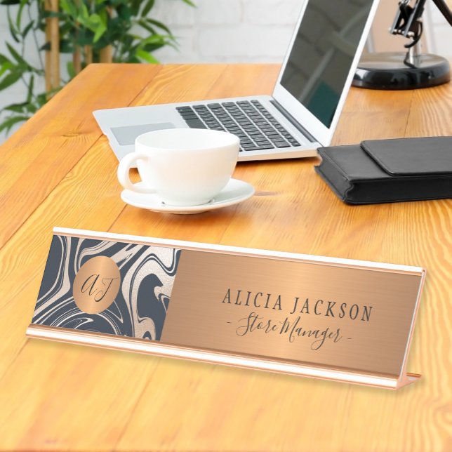 Modern marble pattern black rose gold monogrammed desk name plate (Creator Uploaded)