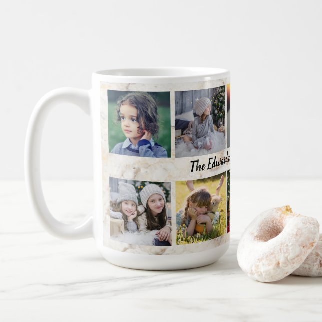 Modern marble pattern photo collage family name coffee mug (With Donut)