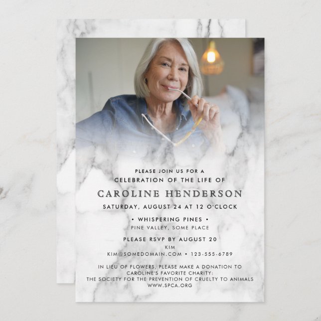 Modern Marble Photo Celebration of Life / Funeral Invitation (Front/Back)