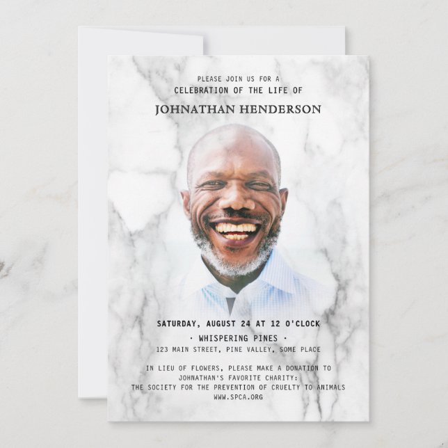 Modern Marble Photo Celebration of Life / Funeral Invitation (Front)