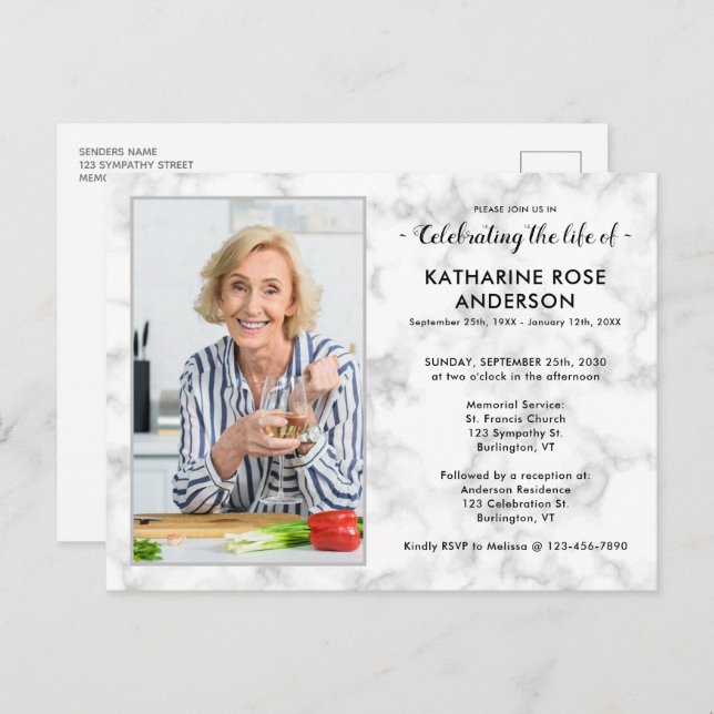 Modern Marble Photo Celebration Of Life Funeral  Invitation Postcard (Front/Back)