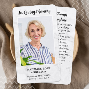 Modern Marble Photo Sympathy Memorial Prayer Card