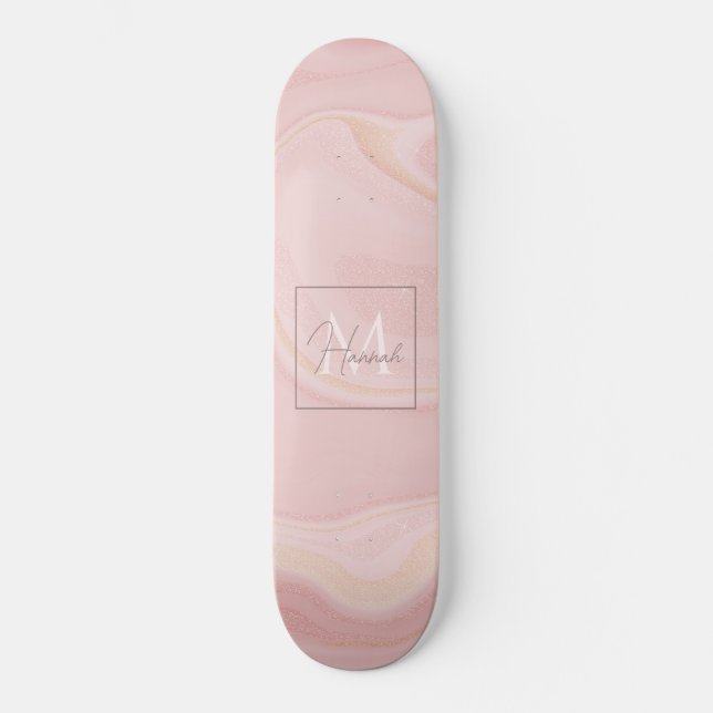 Modern Marble Pink Gold Glitter Background Skateboard (Front)