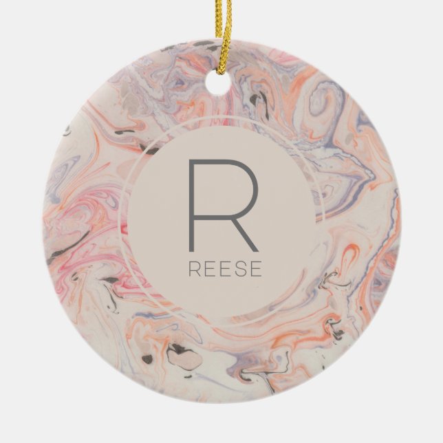 Modern Marble Pink Monogrammed Rose Ceramic Tree Decoration (Front)