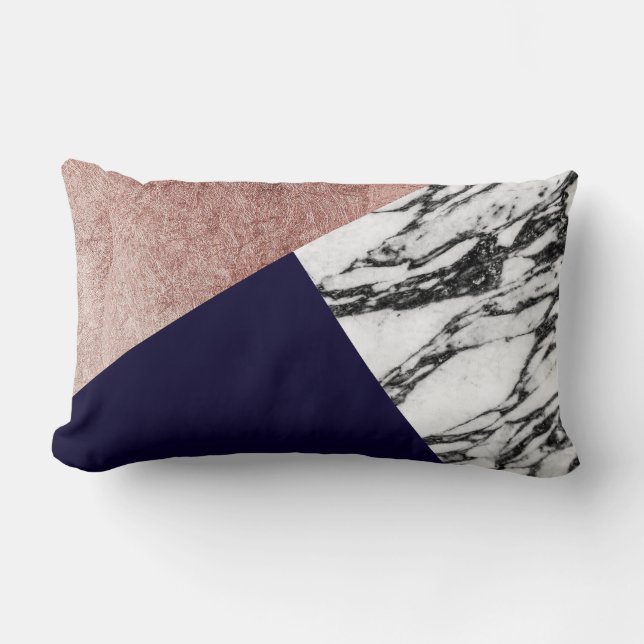 Modern Marble Rose Gold and Navy Blue Tricut Geo Lumbar Cushion (Front)
