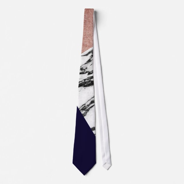 Modern Marble Rose Gold and Navy Blue Tricut Geo Tie (Front)