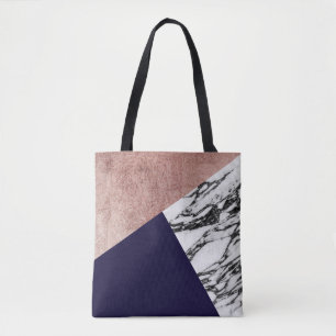 Modern Marble Rose Gold and Navy Blue Tricut Geo Tote Bag