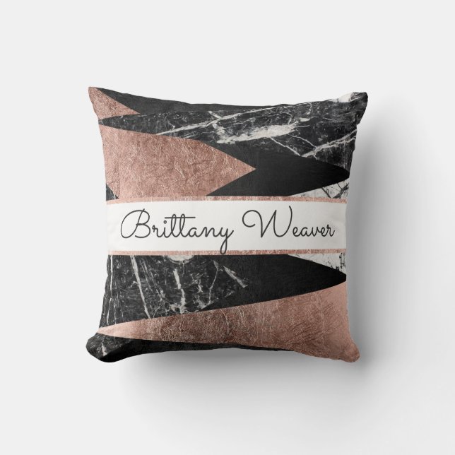 Modern Marble Rose Gold Black Triangle Monogram Cushion (Front)