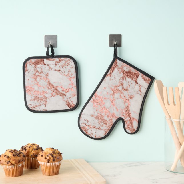 Modern Marble Rose Gold  Glitter  Oven Mitt & Pot Holder Set (Insitu(Hanging))