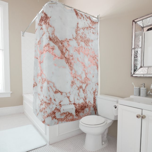 Modern Marble Rose Gold Glitter Shower Curtain (In Situ)