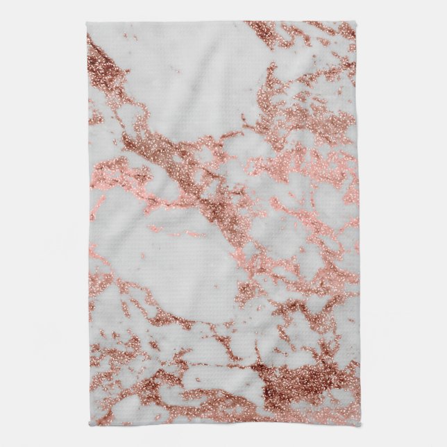 Modern Marble Rose Gold Glitter Tea Towel (Vertical)