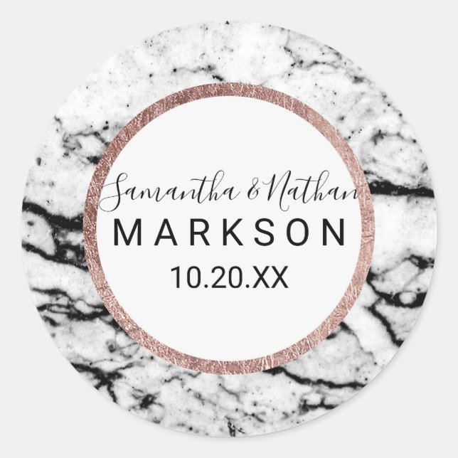 Modern Marble Rose Gold Pinstripe Wedding Stickers (Front)