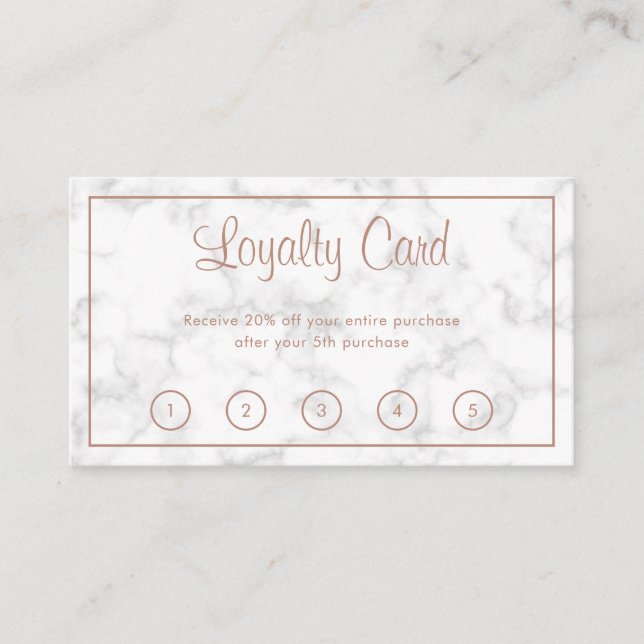 Modern Marble Rose Gold Script Elegant Business Loyalty Card (Front)