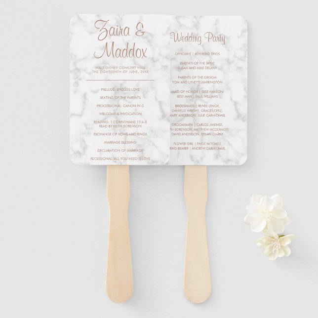 Modern Marble Rose Gold Script Wedding Program Hand Fan (Front and Back)