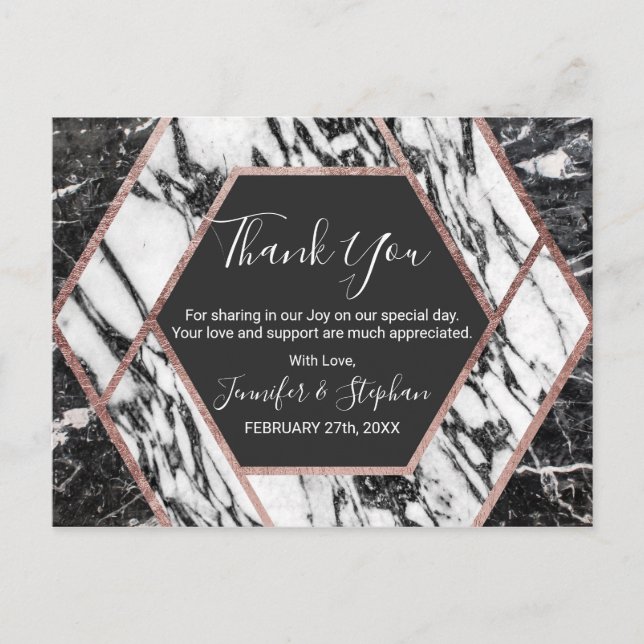 Modern Marble Rose Gold Trim Hexagon Thank You Postcard (Front)