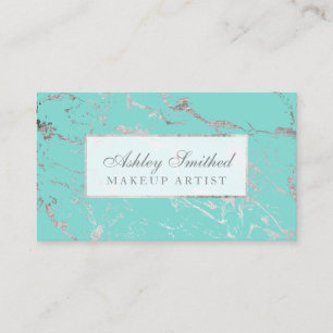 Modern marble silver teal chic elegant makeup business card