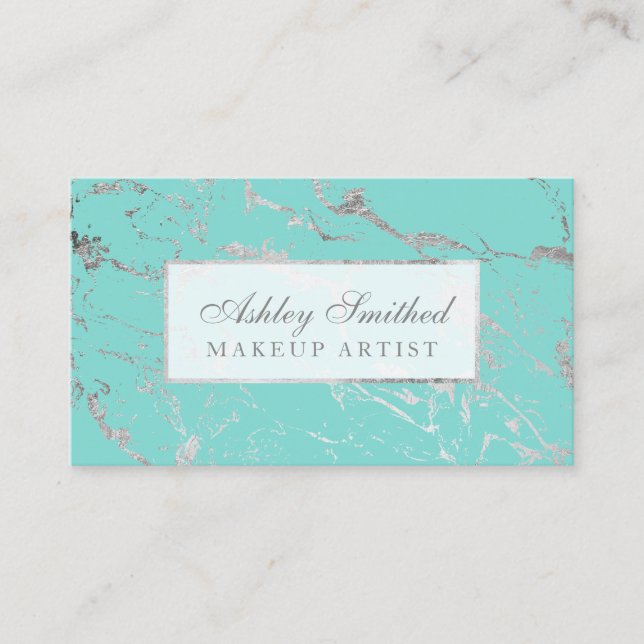 Modern marble silver teal chic elegant makeup business card (Front)