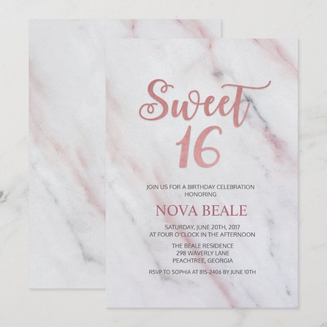 Modern Marble Sweet 16 Birthday Invitation (Front/Back)
