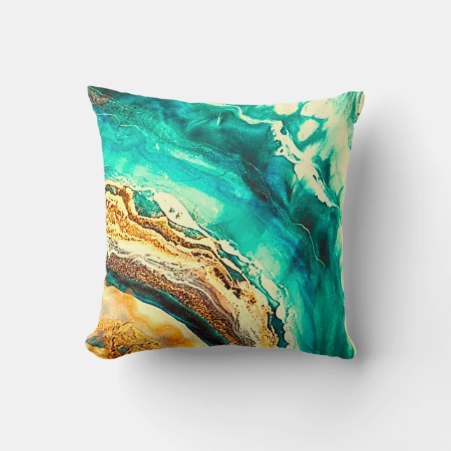 Modern marble Teal Turquoise Gold Faux Black  Cushion (Front)