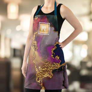 Modern marble watercolor gold purple navy monogram apron