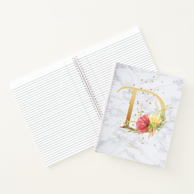 Modern Marble Watercolor Golden Monogram Letter D Notebook (Inside)