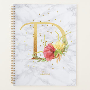 Modern Marble Watercolor Golden Monogram Letter D Planner