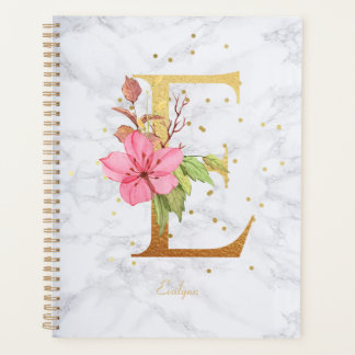 Modern Marble Watercolor Golden Monogram Letter E Planner