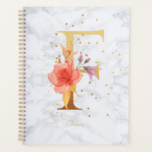 Modern Marble Watercolor Golden Monogram Letter F Planner